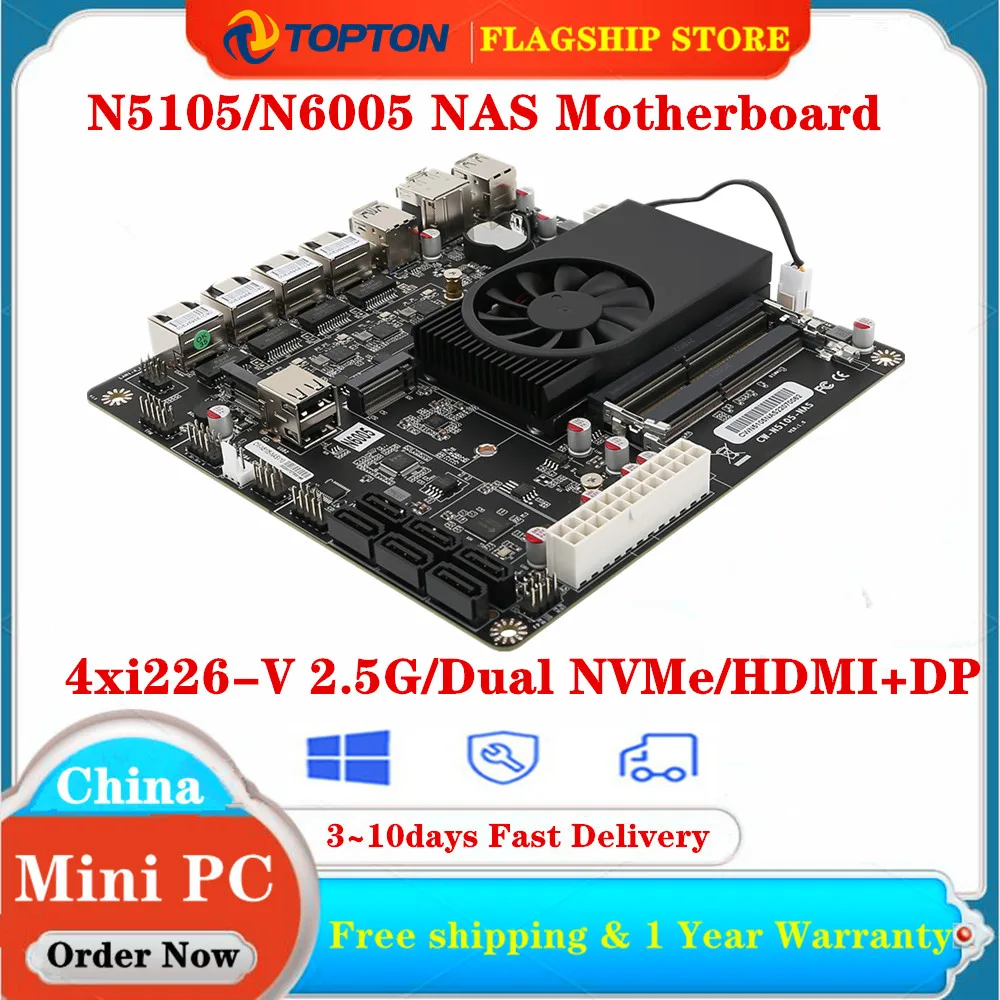 4x Intel i226-V 2.5G Nics NAS Motherboard N5105/N6005 Dual M.2 NVMe Six SATA3.0 2*DDR4 HDMI2.0 DP Mini ITX 17x17CM Soft Routing