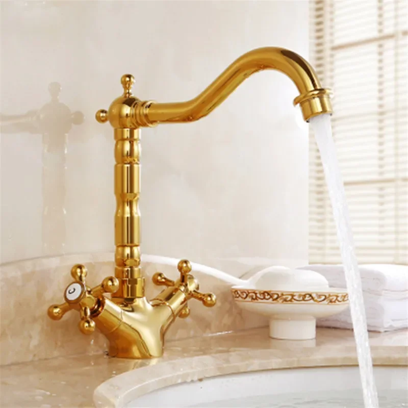 

Gold Bathroom Faucet Brass Antique Bathroom Basin Cold And Hot Water Mixer Sink Tap Double Handle Deck Mounted Tap