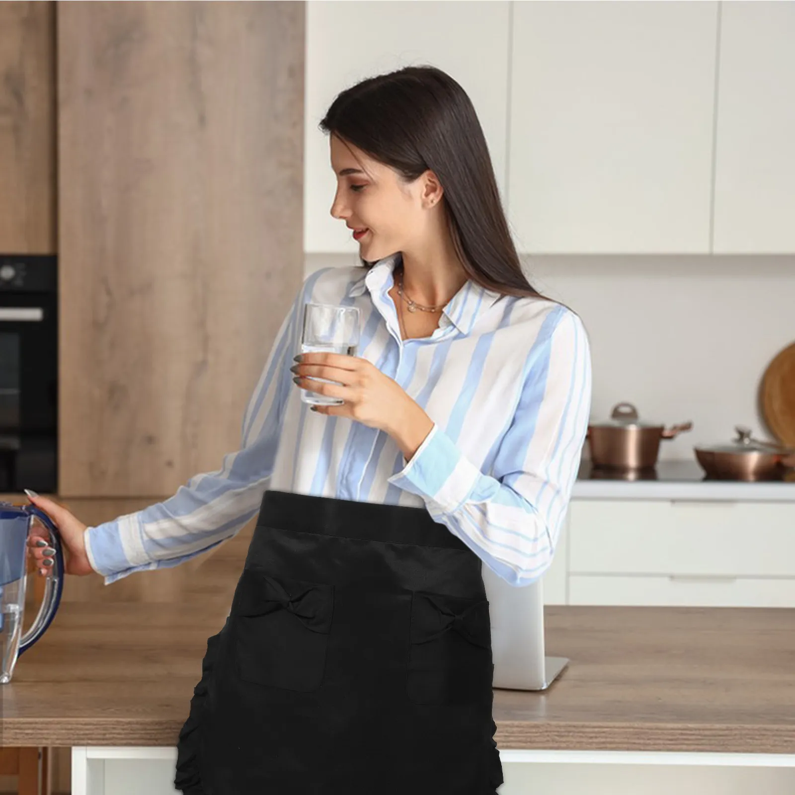 

Women Short Waist Apron Ruffled Half Apron Coffee Kitchen Server Waitress Maid Bistro Aprons with Bowknot Pocket
