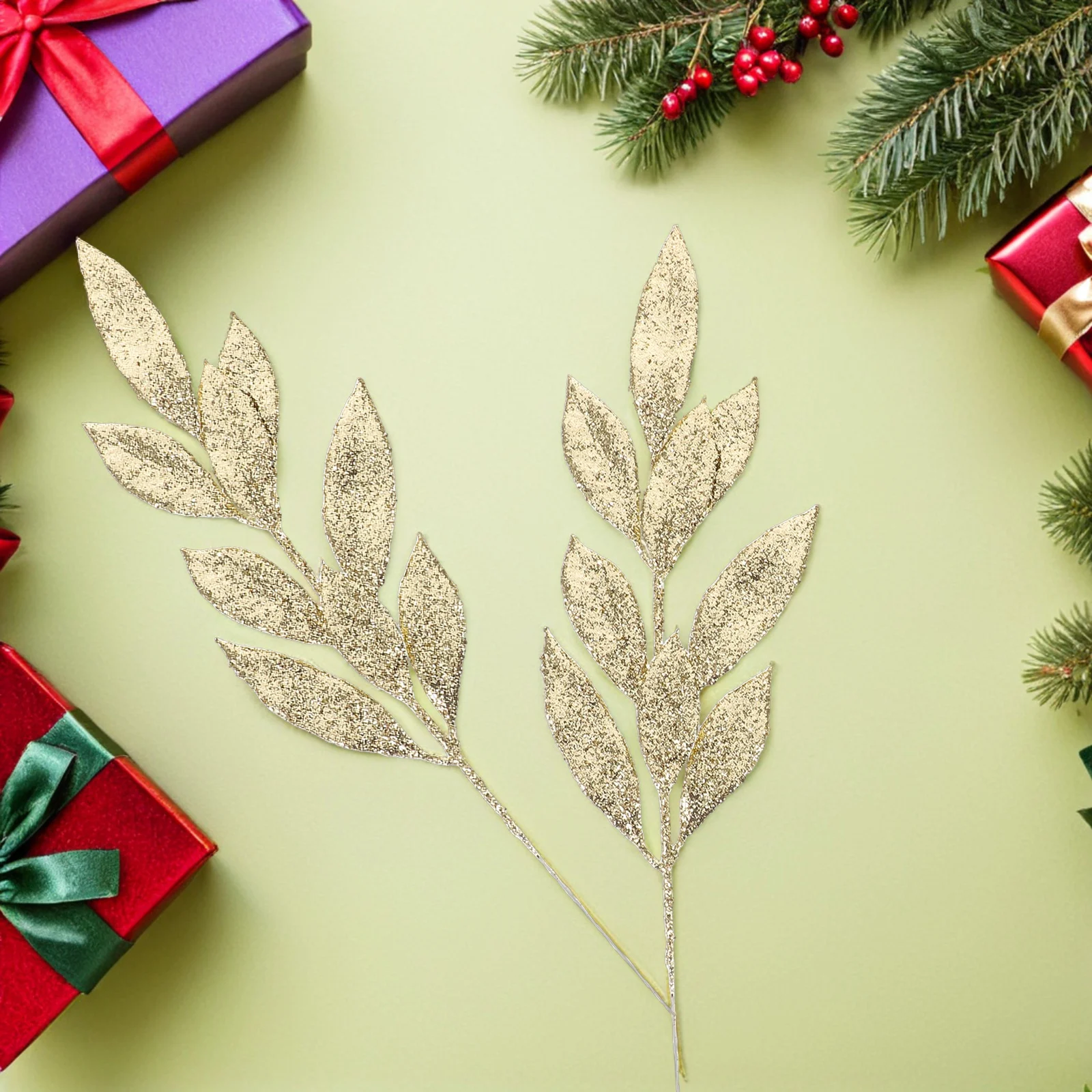 

12Pcs Christmas Leaf Picks - Glittered Plastic Faux Leaves for Decorating Wreaths, Vases, Gift Boxes, and Creating Sparkling