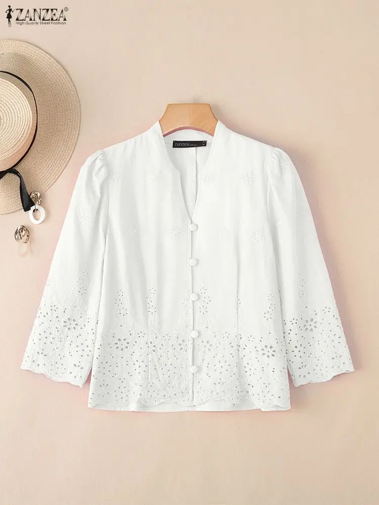 

2025 Autumn Lace Crochet Blouse ZANZEA Women Embroidered Tops Elegant V Neck 3/4 Sleeve Patchwork Shirt Work Blusas Mujer Femme