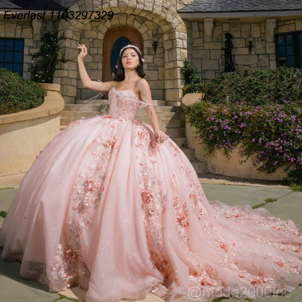 

EVLAST Customized Mexican Blush Pink Quinceanera Dress Ball Gown 3D Flowers Applique Beaded Sweet 16 Vestidos De 15 Anos TQD821