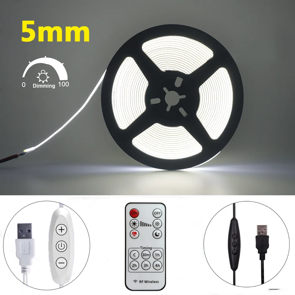 Dimmable 5V COB LED Strip Light 320Leds/m USB Powered High Bright Flexible COB LED Lights RA90 Remote Control LED Tape Diode