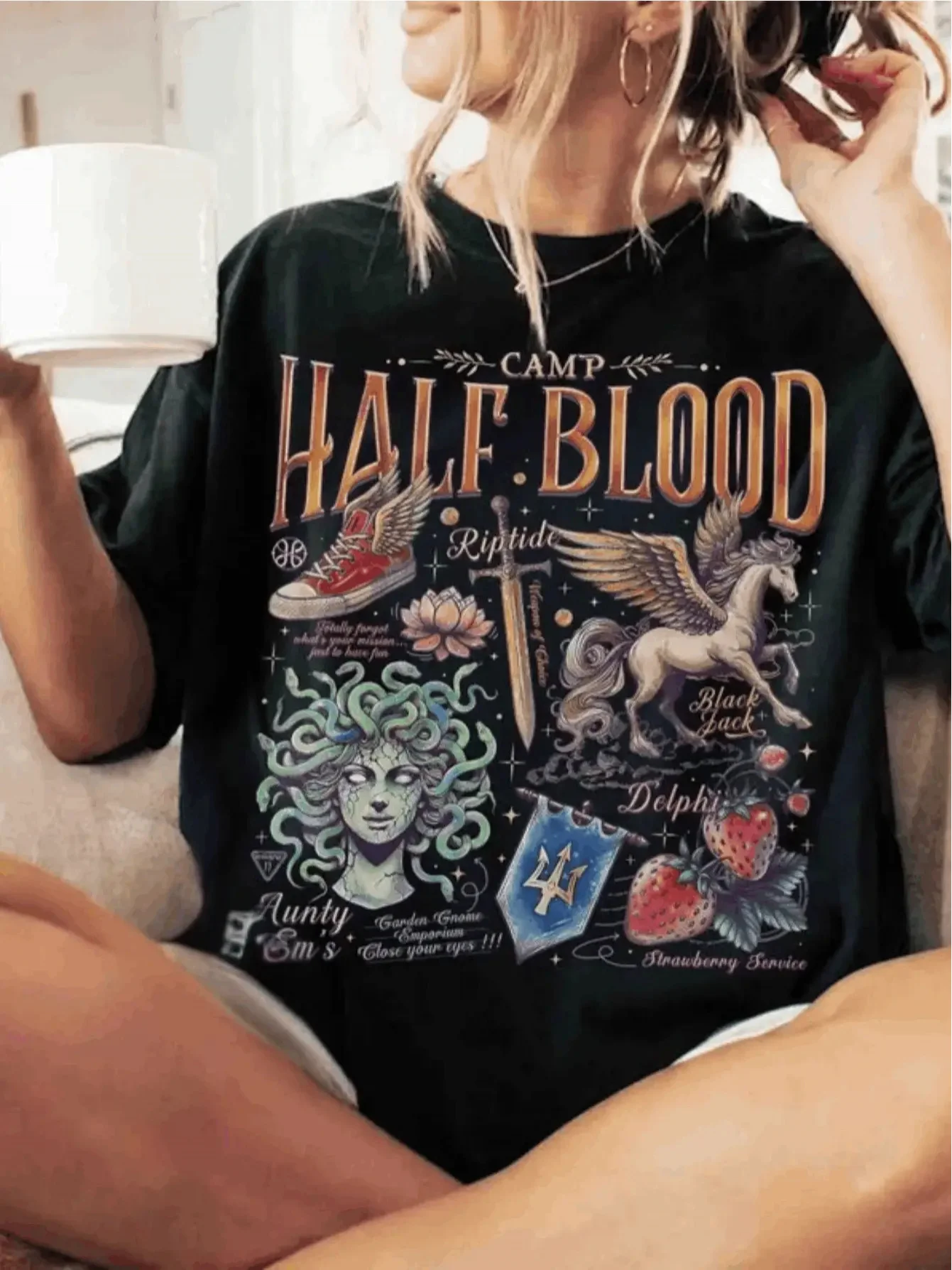 Single-Sided Print Pure Casual Half-Blood Camp Camping T-Shirt Lotus Hotel Black Jack T-Shirt Olympus Hero T-Shirt,