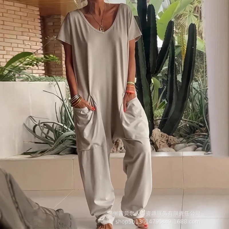 

Jumpsuits Women One Piece Short Sleeve Round Neck Overalls Long Pants High Waist Rompers Y2k Streetwear Work Casual Loose