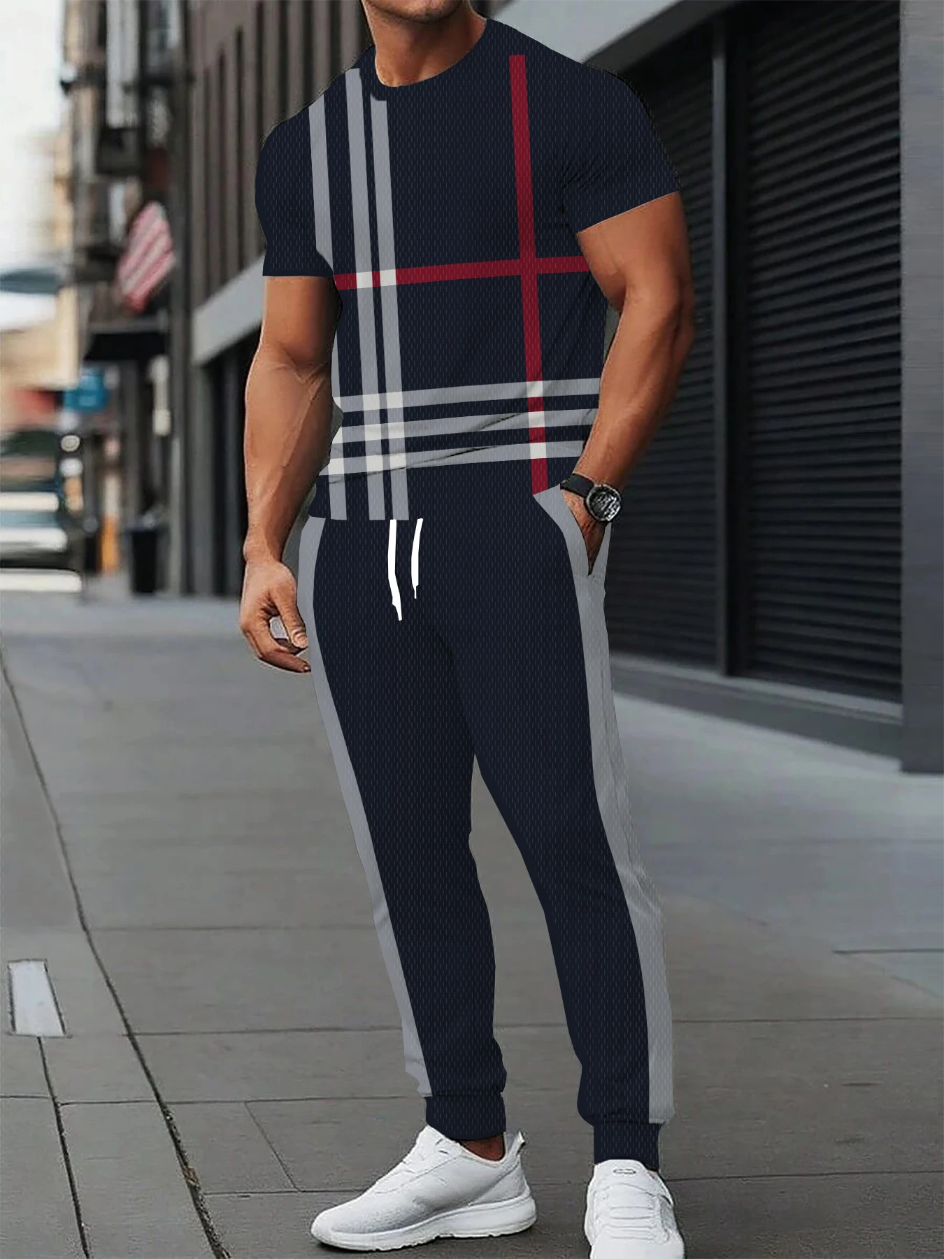 Весенне-осенние мужские брюки с длинным рукавом, комплект из 2 предметов, мужской комплект с красным и синим полосатым принтом, повседневная модная мужская футболка с длинным рукавом