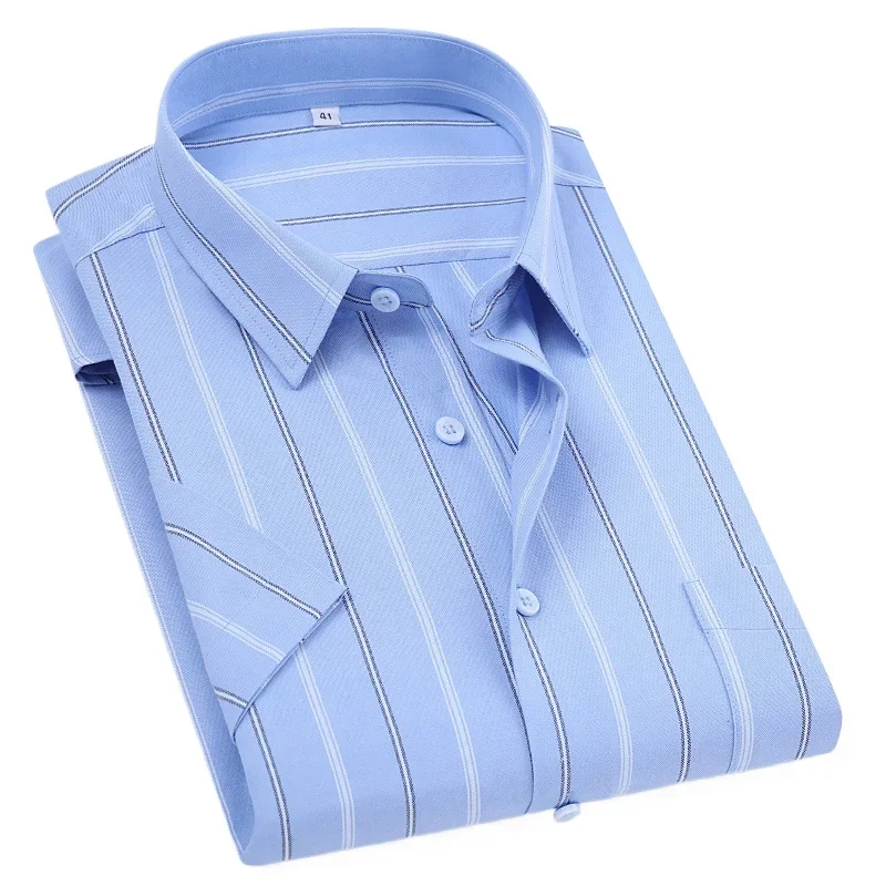 2024  100% Pure Cotton Men Short Sleeves Social Shirt for Oxford Shirt Men Plaid Striped Work Casual Pocket Shirts S-8XL