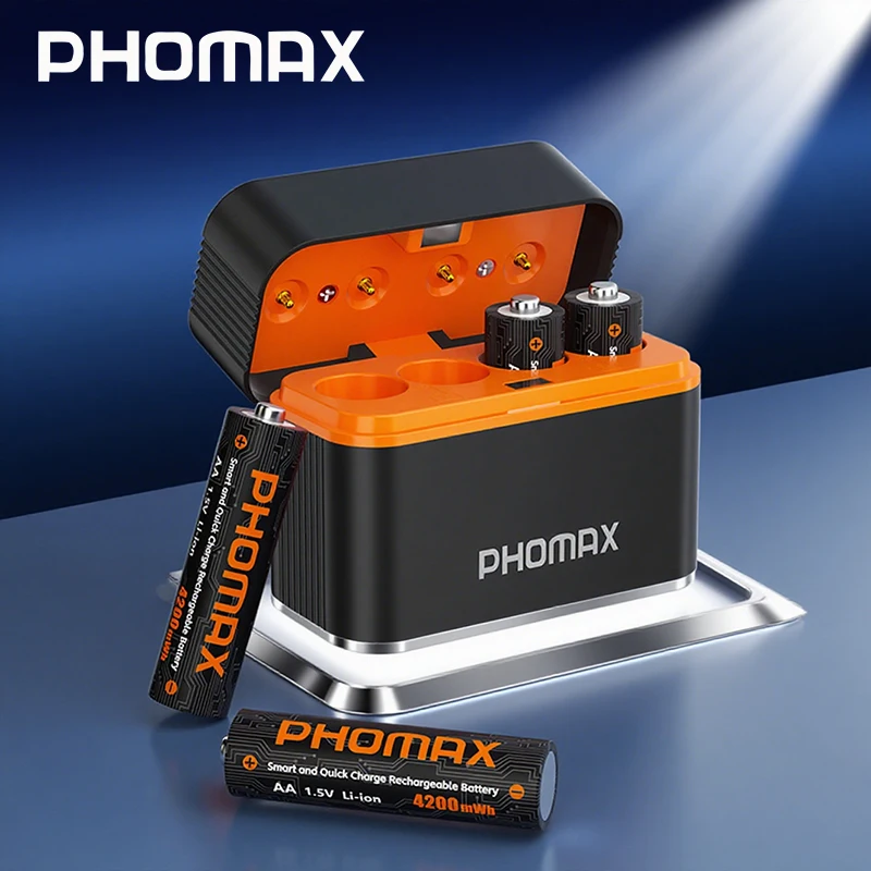 

PHOMAX 1.5V AA 4200mWh Rechargeable Lithium Battery, 4-Slot Smart Battery Charger, Battery for Alarm Clock and Electric Toys