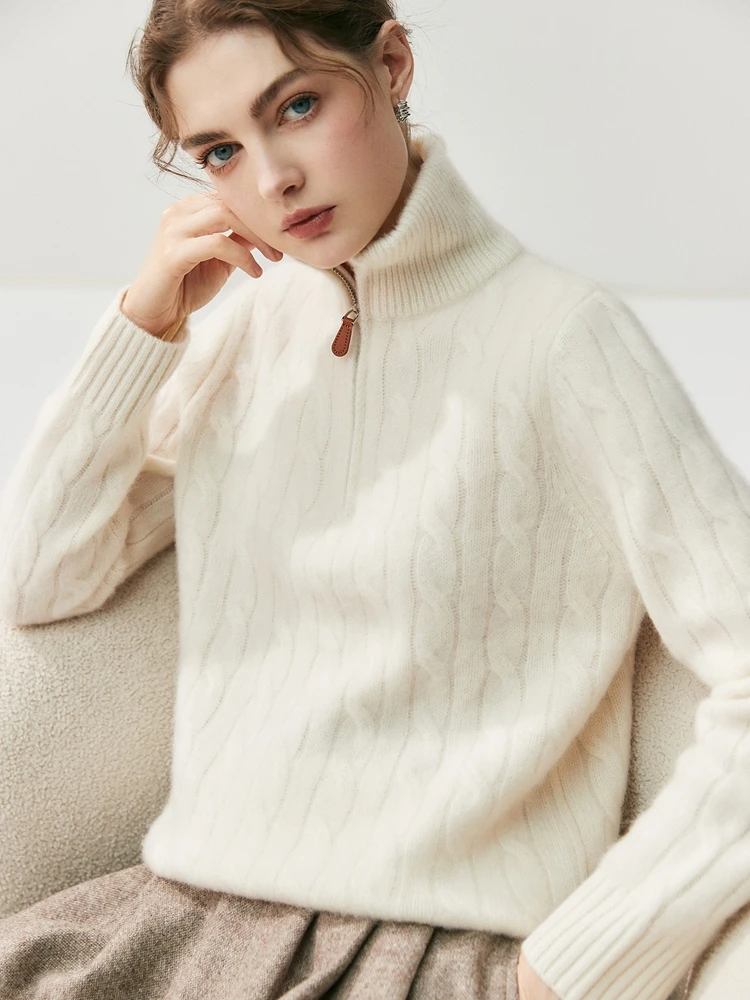 

TLOML Women 100% Cashmere Sweater Thick Half Zipper Turtleneck Pullover Long Sleeve High Quality Casual Style Cashmere Knitwear