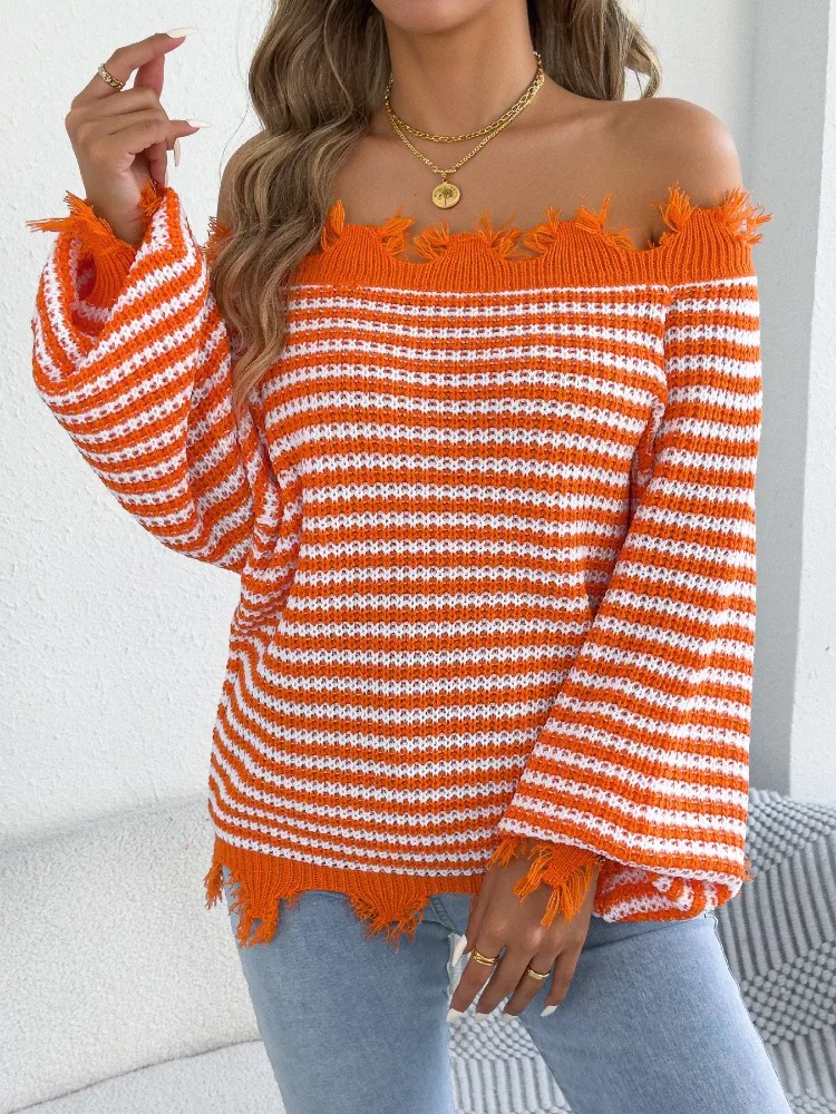 Fashion Women Striped Knitted Sweater Tassel Slash Neck Off Shoulder Long Sleeve Casual Loose Autumn Winter Pullover Tops