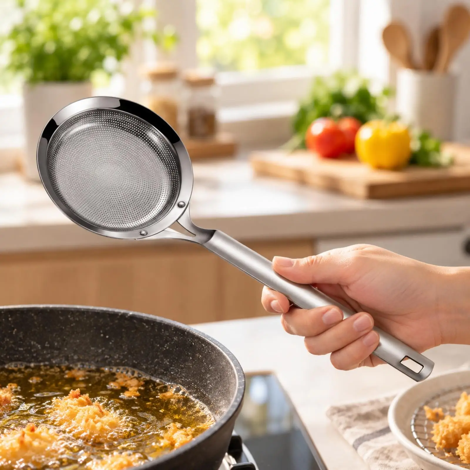 Stainless Steel Oil-Straining Skimmer Rust-Resistant Fine-Hole Frying Skimmer with Hanging Hole Easy to Clean Riveted-Handle