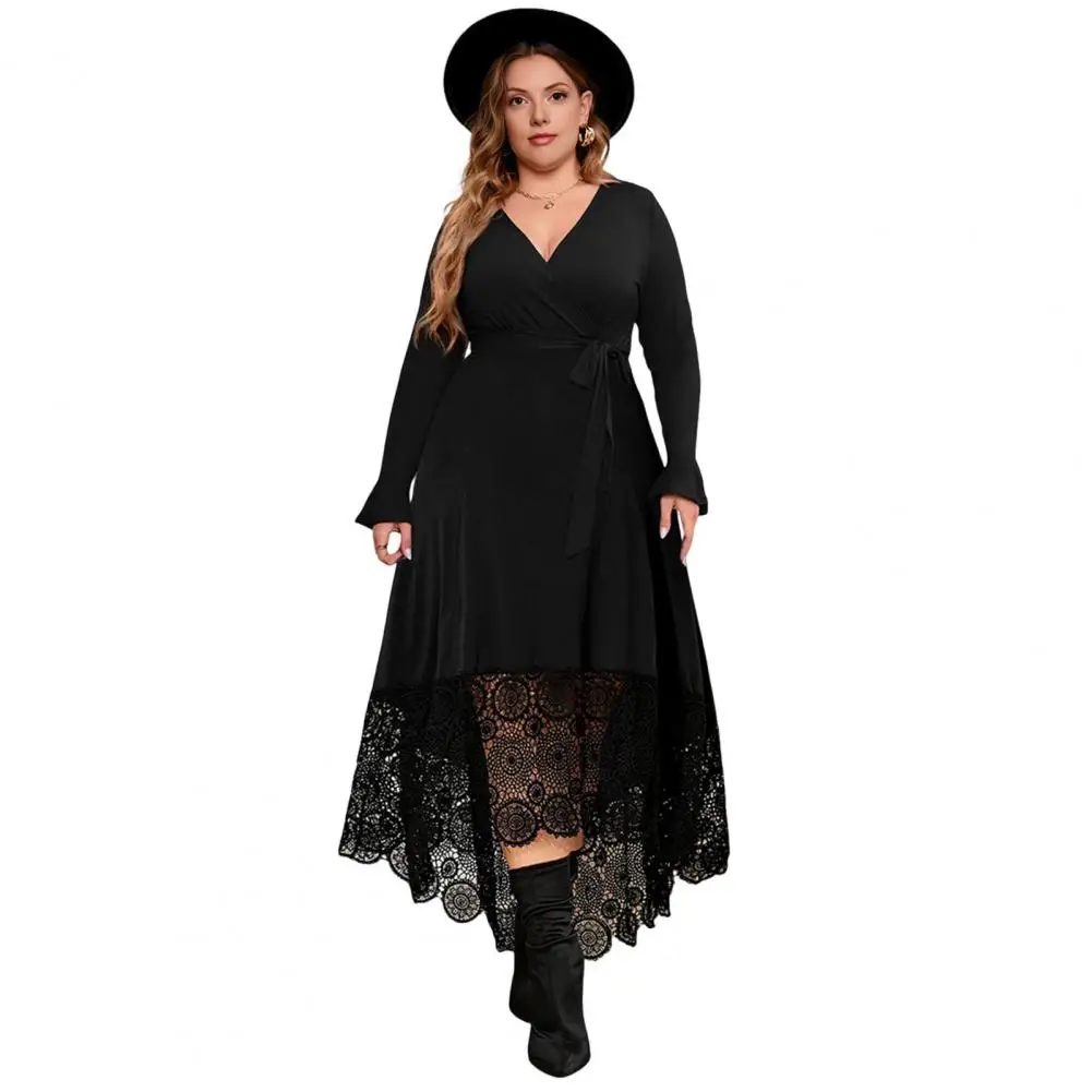 Vestido de encaje de manga larga Vestido elegante de talla grande de encaje negro con cuello en V y mangas largas dobladillo alto y bajo bordado para mujer especial