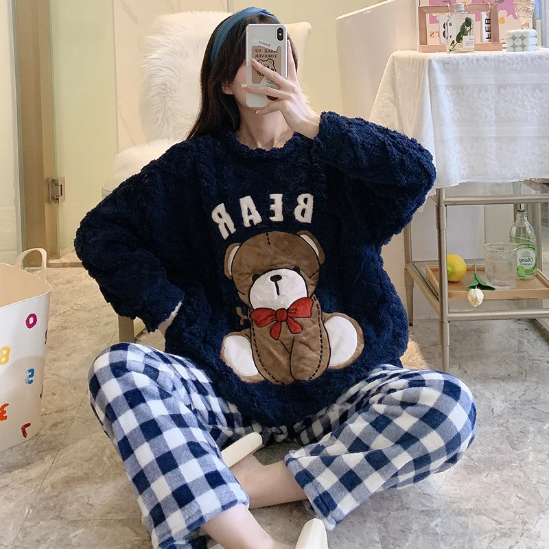 High Quality Women Pajama Set Winter Warm Flannel Sleepwear Cute Cartoon Nightwear