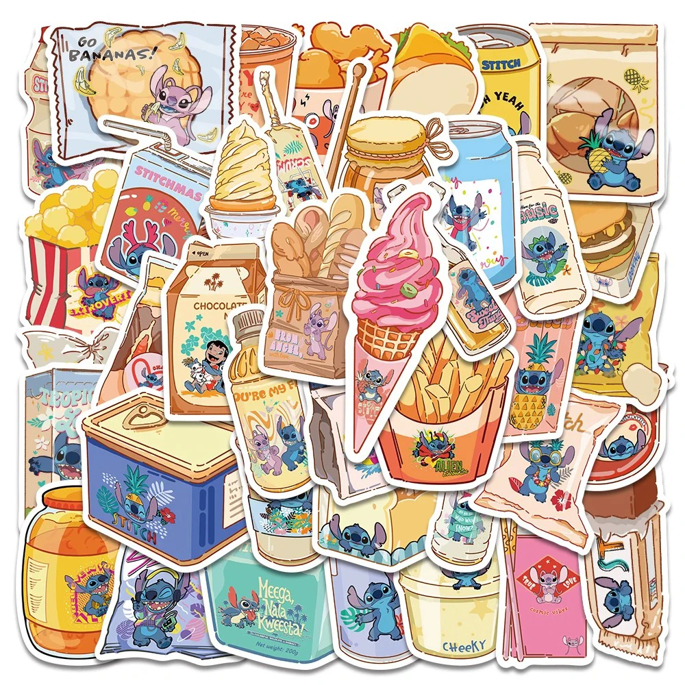 

10/20/40PCS Kawaii Disney Stitch Food Anime Stickers Waterproof DIY Notebook Phone Laptop Funny Cartoon Sticker Kids Toys