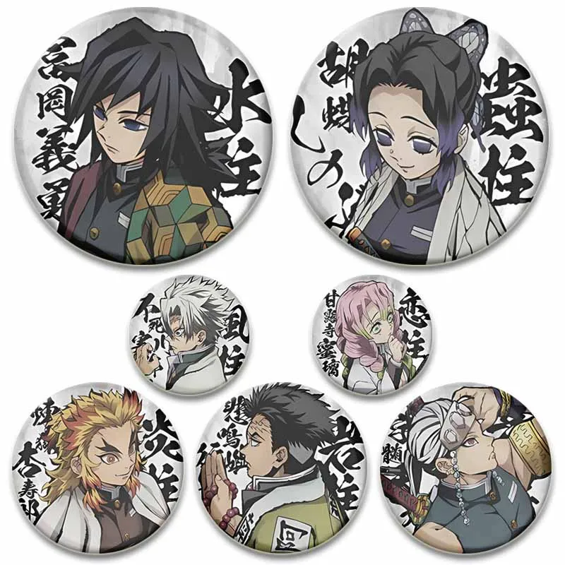 

Creative Demon Anime Icons Badges Tinplate Coin Brooch on Backpack Clothing Accessories Obanai Iguro Mitsuri Lapel Pin Gifts
