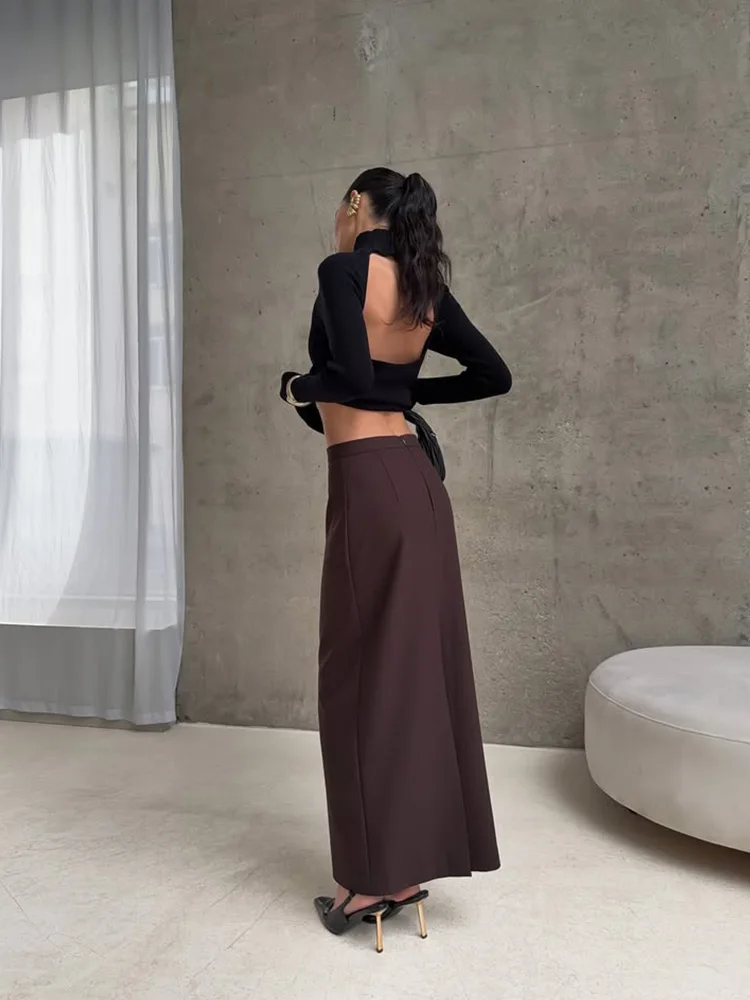 Ahagaga sexy bodysuits femininos gola alta regular mangas compridas oco para fora magro bainha basci casual feminino camisetas macacão fino