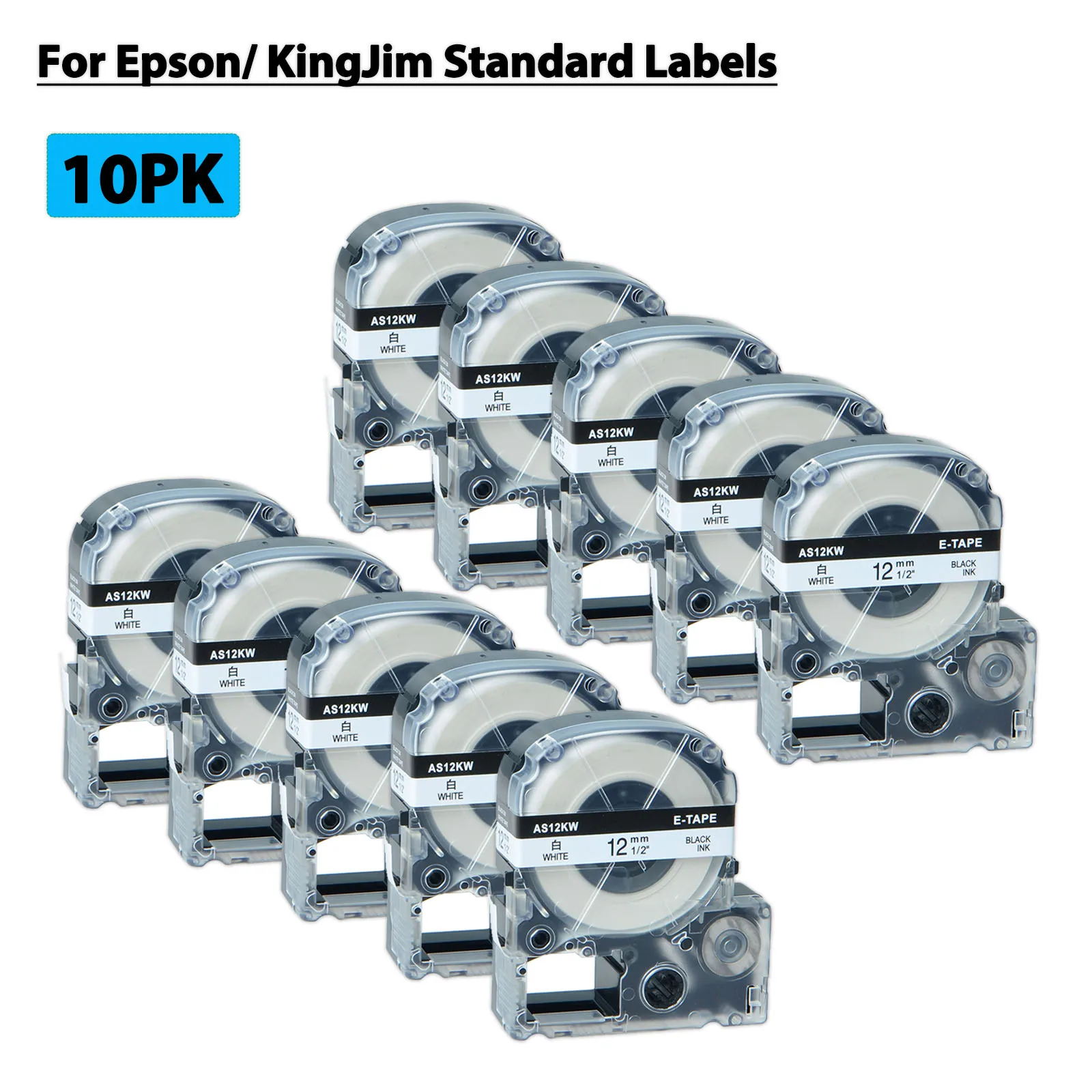 

3/5/10PK Compatible for Epson/ KingJim AS12KW LC-4WBN Black on White 9-24mm Standard Label Tapes for EPSON KINGJIM LW-300 SR230C