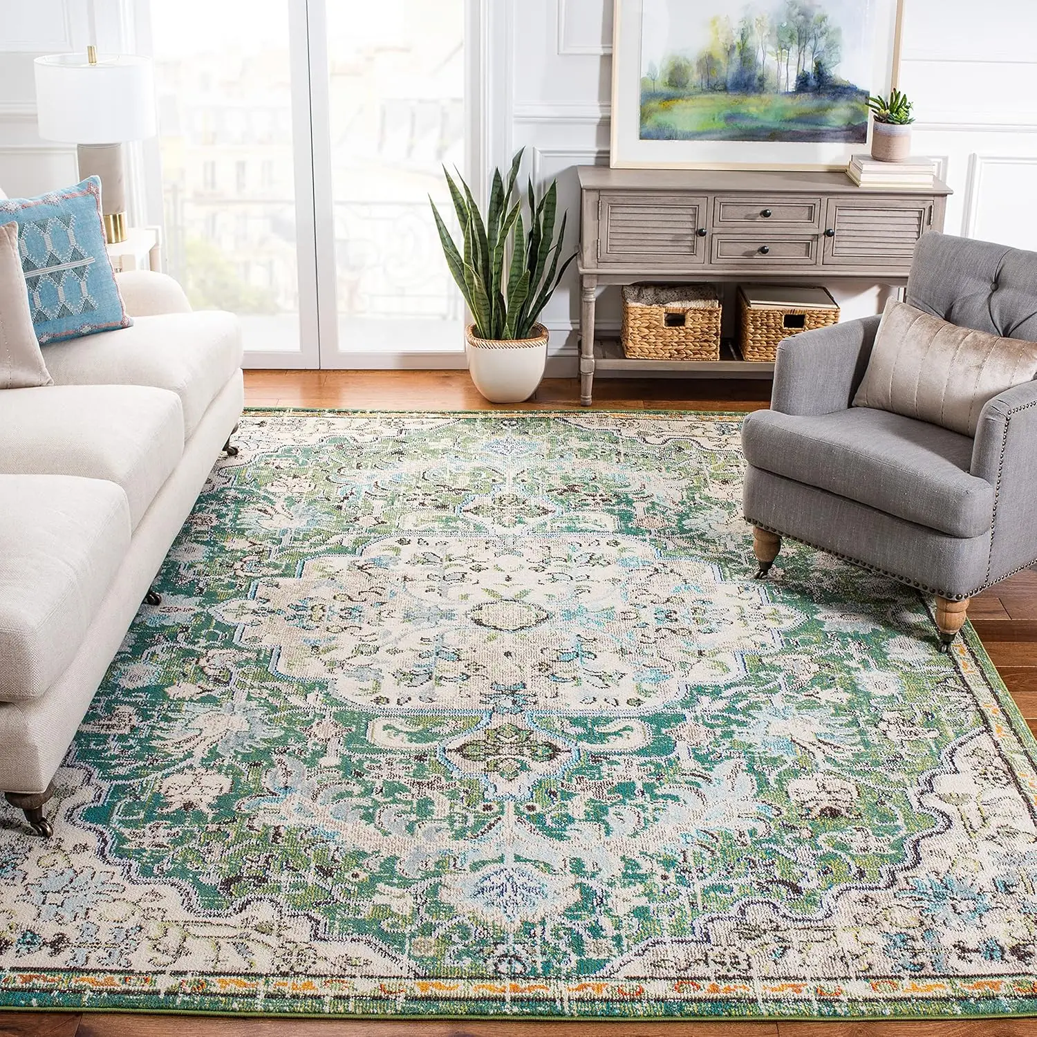 

SAFAVIEH Madison Collection Area Rug - 10' x 14', Green & Turquoise, Boho Chic Medallion Distressed Design, Non-Shedding & Easy