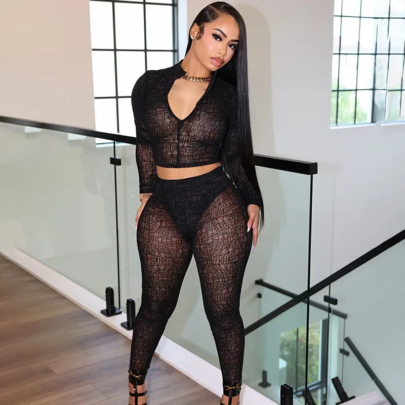 

Doyerl Прозрачная сетка, комплект из 2 предметов, женские одинаковые комплекты, клубная одежда, укороченный топ с длинными рукавами и брюки-карандаш, ансамбль Femmes