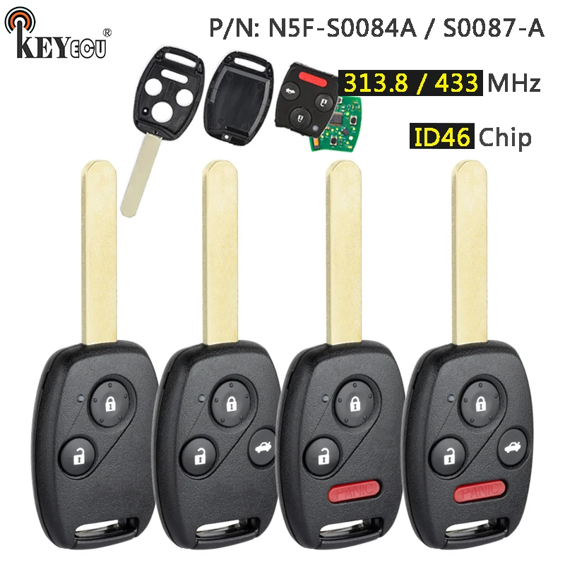 

KEYECU 315 МГц/433 МГц ID46 чип N5F-S0084A S0087-A 3 4 кнопочный дистанционный автомобильный брелок для Honda Civic Coupe Sedan Odyssey