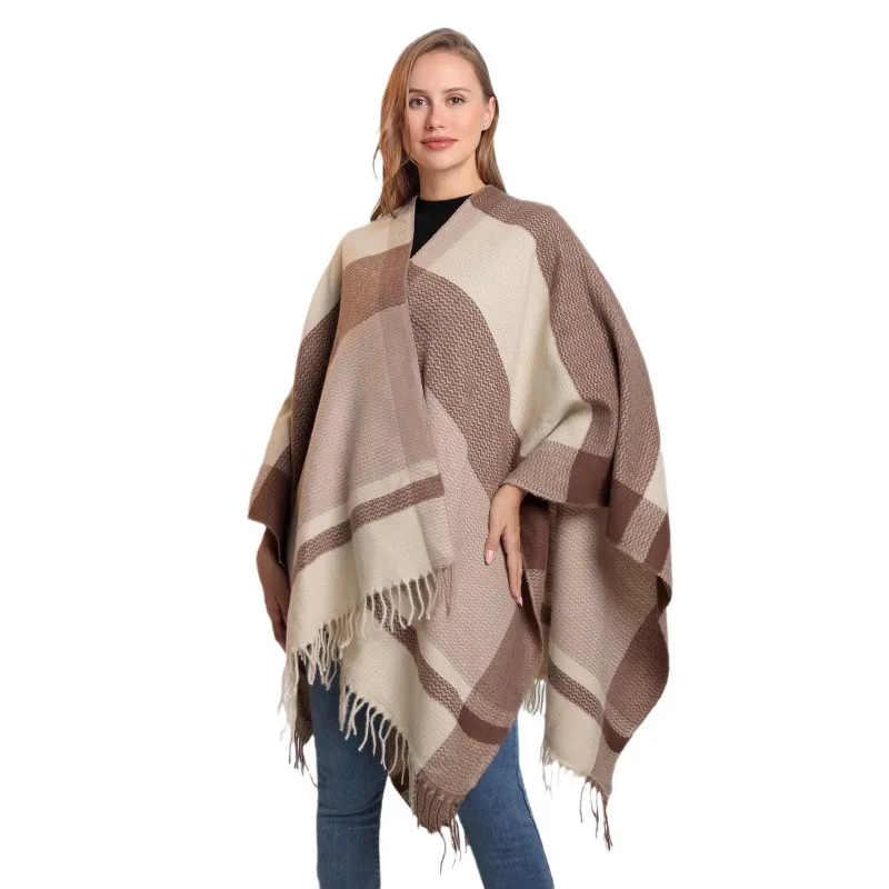 

Women's Travel Shawl Imitation Cashmere Tassel Slit Shawl Women's Color Blocked Plaid Scarf Air-conditioned Room Warm Cloak