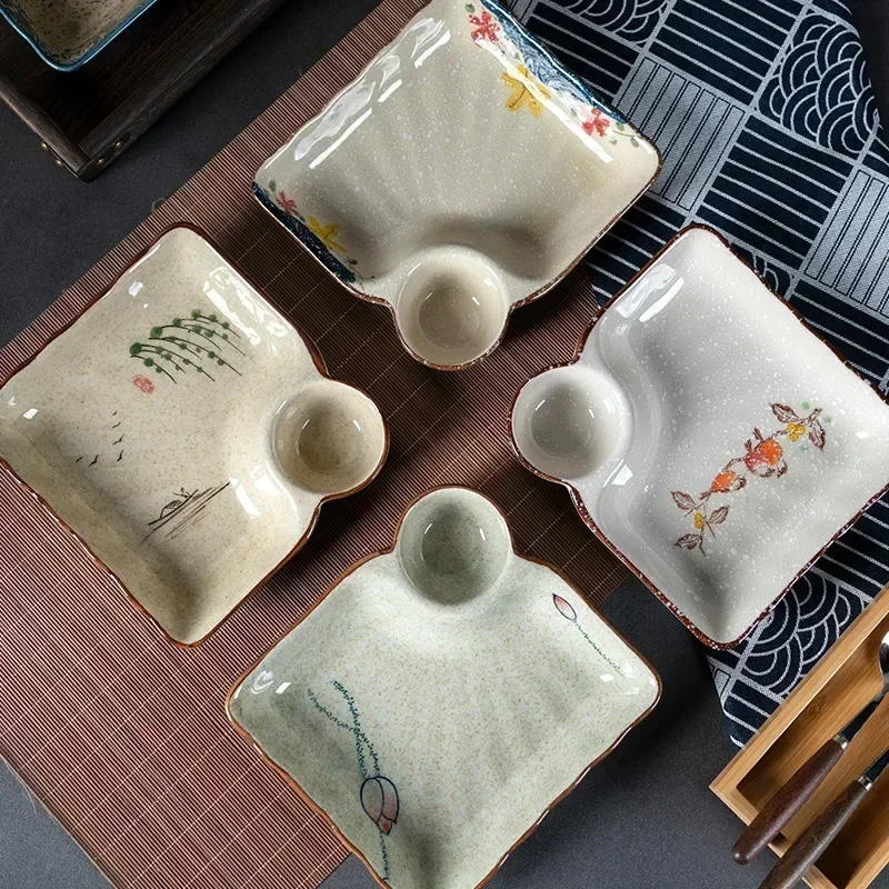 

Hand-Painted Japanese Ceramic Dumpling Plate Set with Vinegar Dish and Soy Sauce Dish