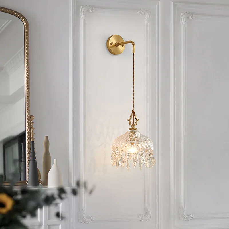 

YEBMLP French Retro Glass Wall Light Living Room LED Luxury Corridor Lamp Bedside Light Bar Hotel Wall Lamp Copper Aisle Sconces