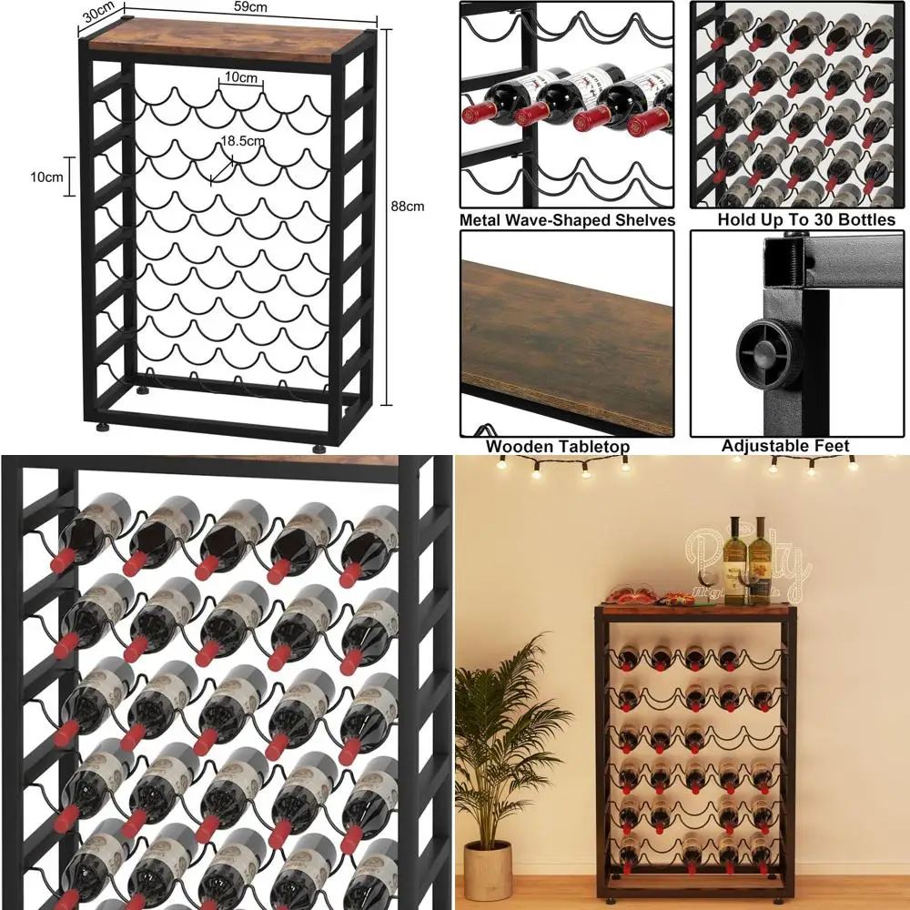 

6-Tier Freestanding Wine Rack with Wooden Top, Sturdy Metal Construction for Kitchen and Bar, 23.2L x 11.8W x 34.7H Inches
