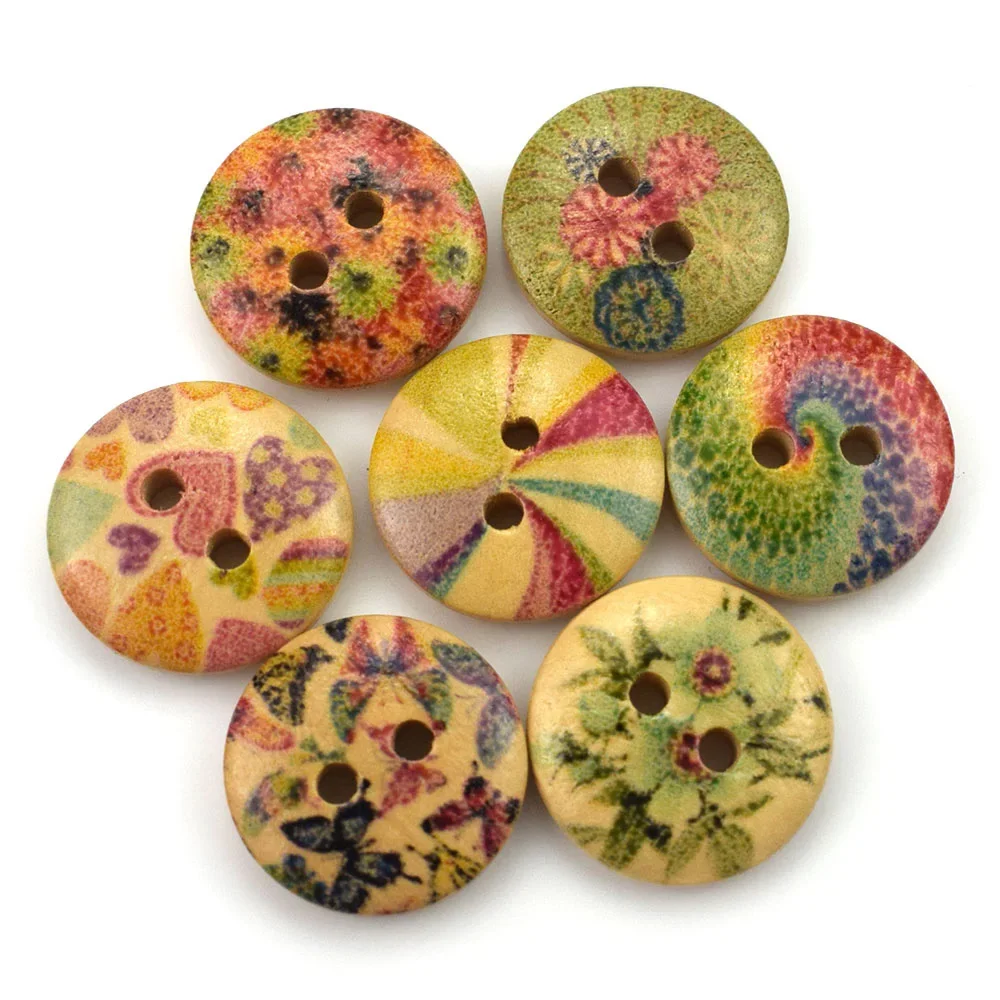 50PCS 15MM 2-Holes Button Color Printing Round Wood Buttons Sewing Scrapbooking Decor Card Making DIY Buttons for Clothing