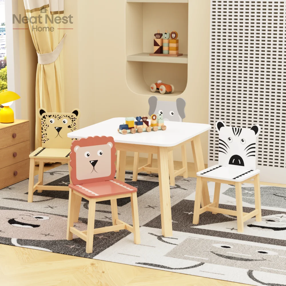 

5 Piece Kiddy Table and Chair Set,Safe Children furniture,Wood bigger Table with 4 Chairs Set Cartoon Animals for 3-8 years old,