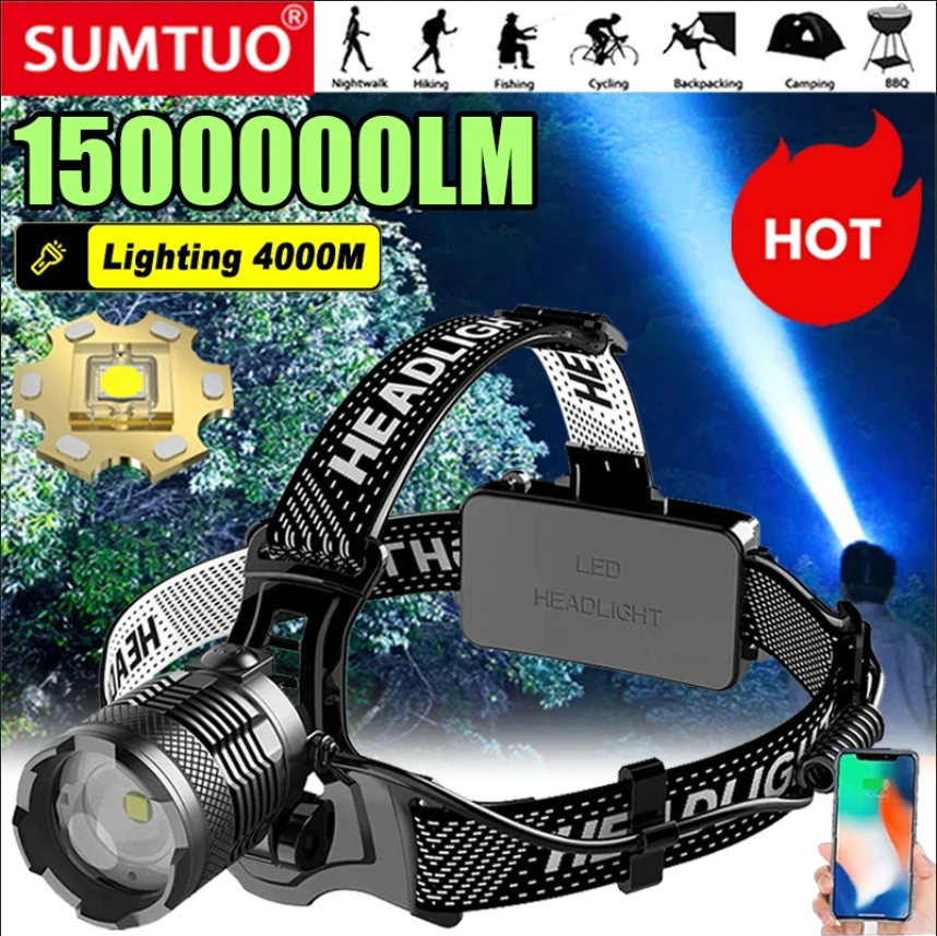 1500000LM Powerful Headlamp 800W Led Sensor Head Flashlight Long Range Headlight 18650 Rechargeable Head Lantern Fishing Camping