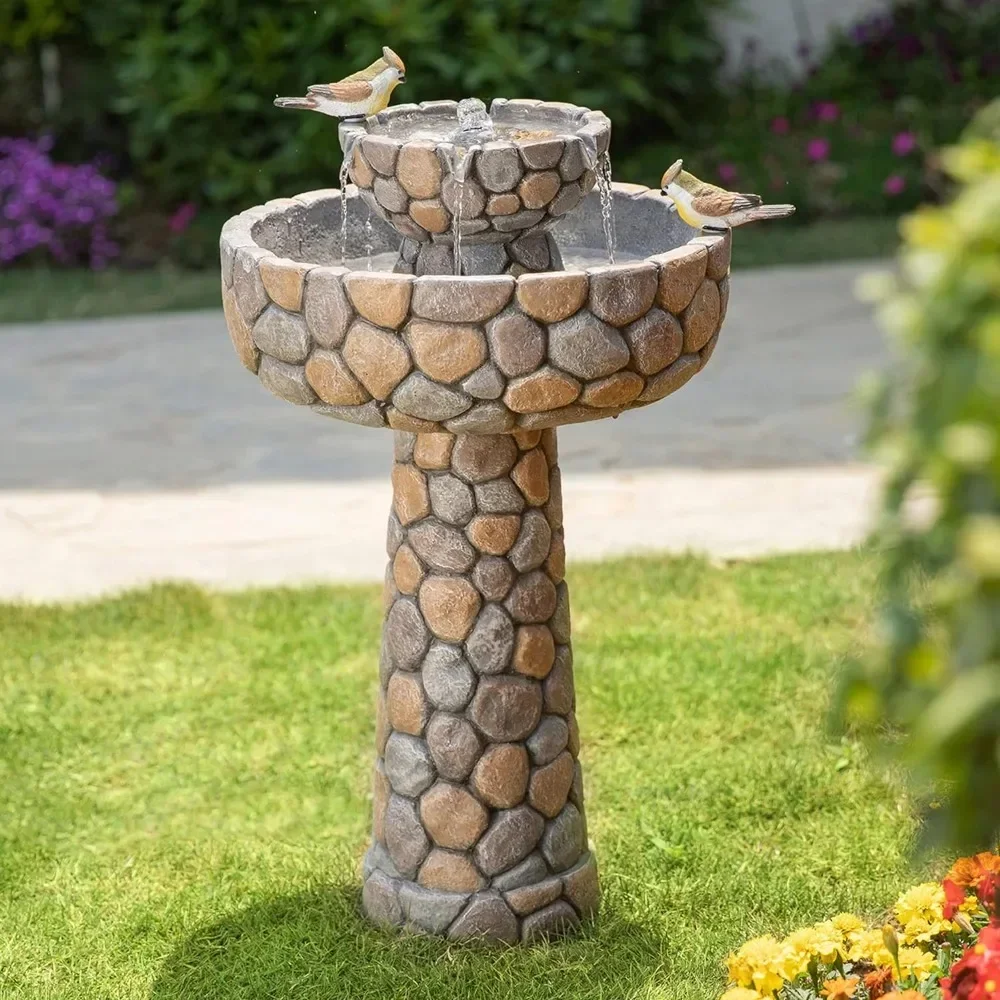 Outdoor Water Fountain, 2-Tier Stone Like Outdoors Water Fountains Bird Bath Patio Fountains with Birds Decor, Outdoor Fountain