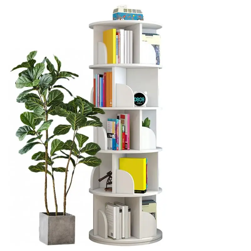 5 Tier Bookshelf Round Rotating Display Stand Revolving Bookcase Easy Install Rotating Organizer Wooden Bookshelf For Home