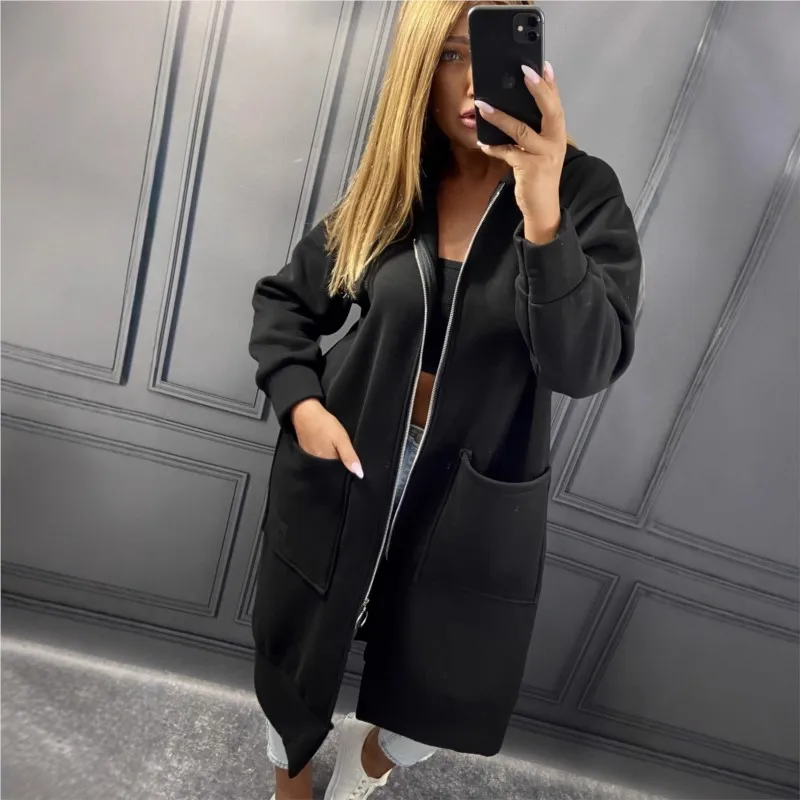 

Moletom Y2k однотонное пальто средней длины на молнии, женская новая флисовая толстовка с капюшоном и большим карманом, свободное пальто, женская толстовка на молнии