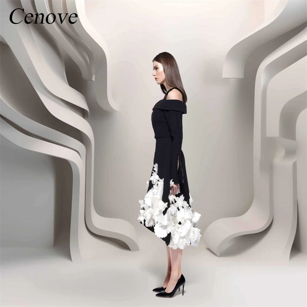 Cenove Square Collar Prom Dress Tea-Length With Long Sleeves Evening Summer Elegant Party Dress For Women