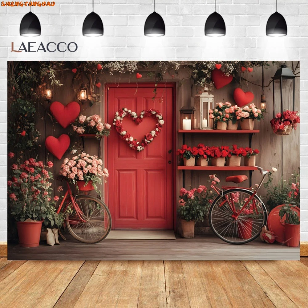 Valentine's Day Red Wooded Door Backdrop Pink Rose Love Heart Wedding Party Bridal Shower Backdrops for Photography Photocall