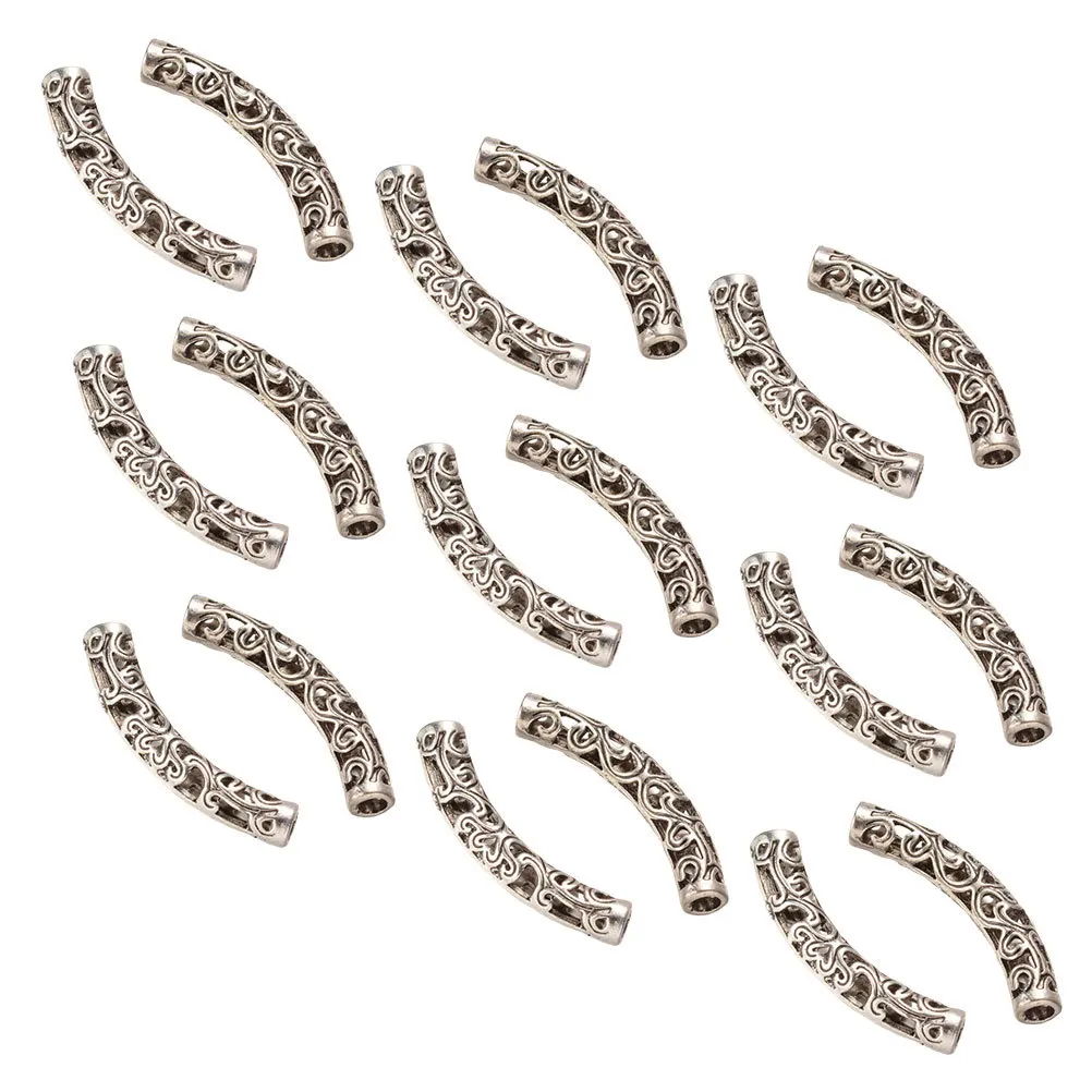 

100 pcs Hollow Flower Shaped Bent Tube Beads Alloy Silver Tibetan Style Spacer For Diy Jewelry Making Necklace Bracelet