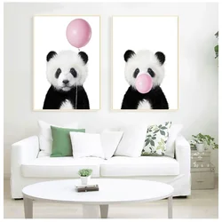 Baby Panda Print Animal con Bubble Gum Poster Nursery Wall Art Picture Decor Cute Pink Balloon Baby Shower Gift Canvas Painting