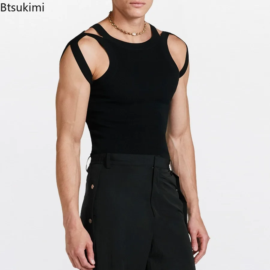 2024 Slim Sexy Black White Sleeveless T-shirt for Men Hollow Out Fashion Solid Knitted Casual Tops Men Oversized T Shirt Tees