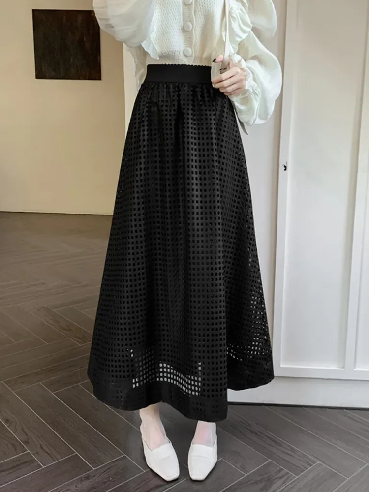 Kunstleer rok voor dames 2025, herfst winter, modieus, elegant, uitgehold, een lijn, hoge taille, lange PU-rok, vrouwelijk