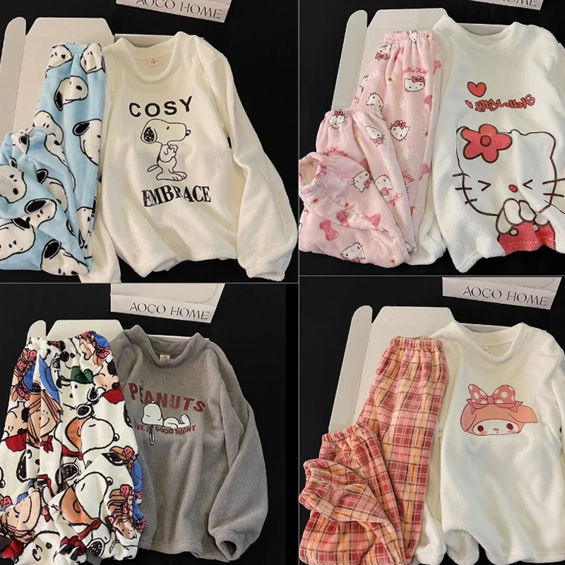 

Милая Пижама Снупи Hello Kitty Микки Мелоди Женская осенне-зимняя флисовая свободная Студенческая одежда из кораллового флиса с круглым вырезом