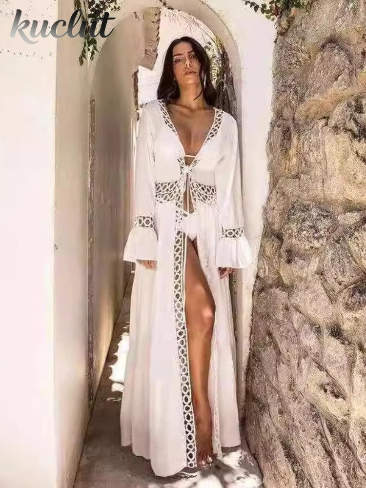 Traje de baño de ganchillo para mujer, vestido de playa, caftán con mangas, túnica de playa, pareo largo, cubre bikinis, túnica de verano, ropa de playa