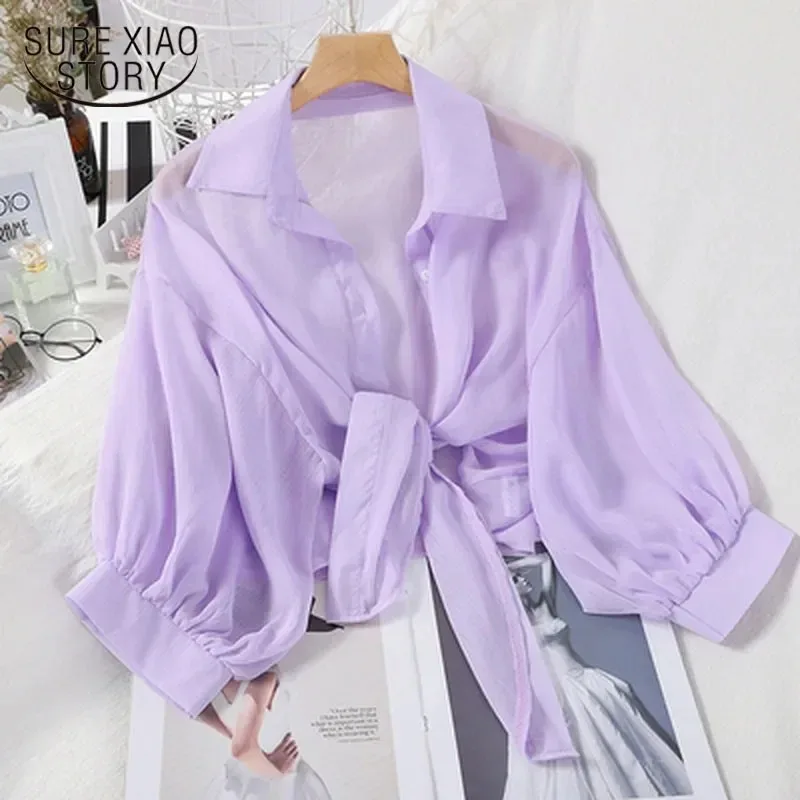 Spring and Summer Sunscreen shirts women Chiffon blouse Cardigan tops 3/4 Sleeves Thin Shirt solid color loose clothes 9776