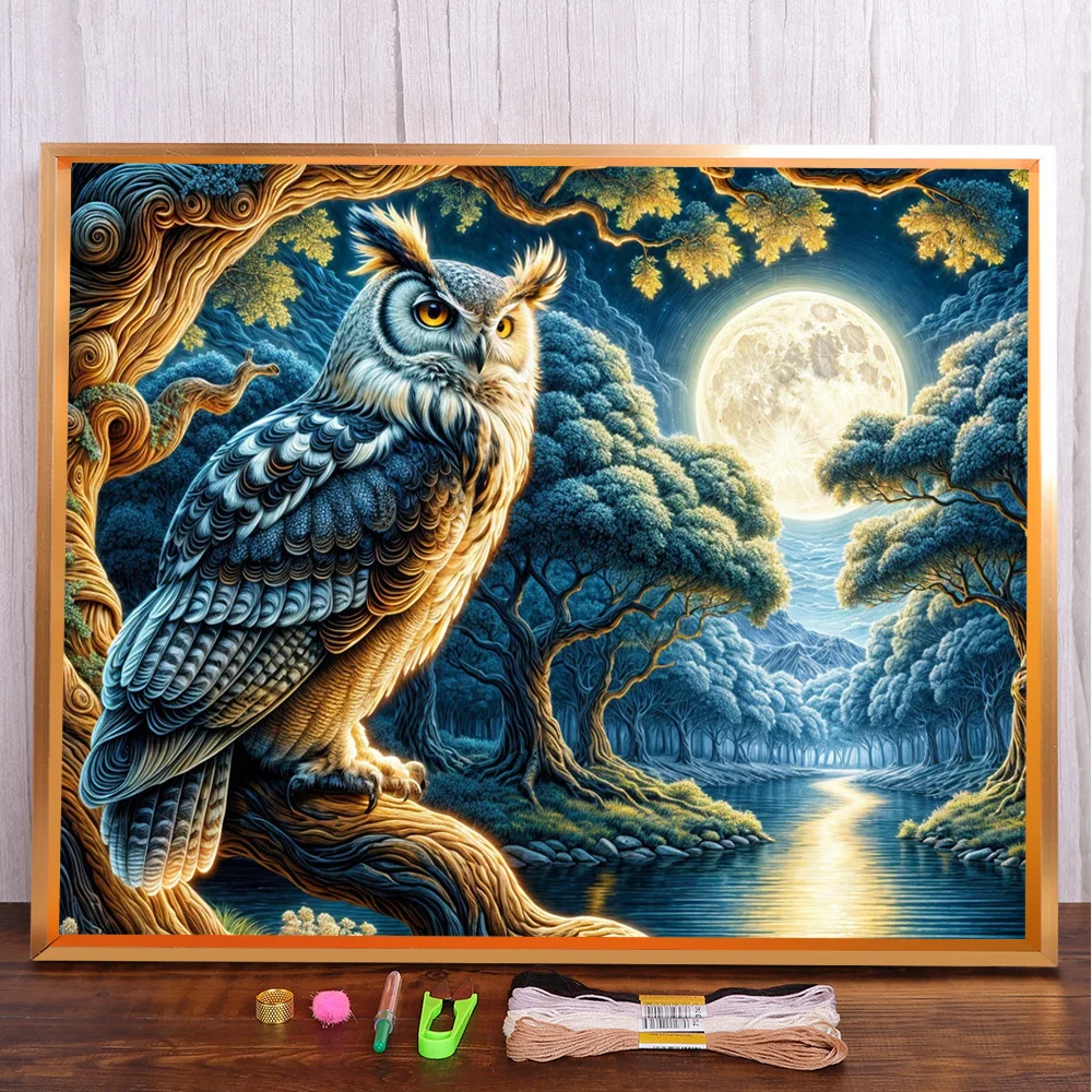 

Moon Night Owl Pre-Printed 11CT Cross Stitch Set DIY Embroidery Painting Knitting Needlework Handicraft Counted Mulina Package