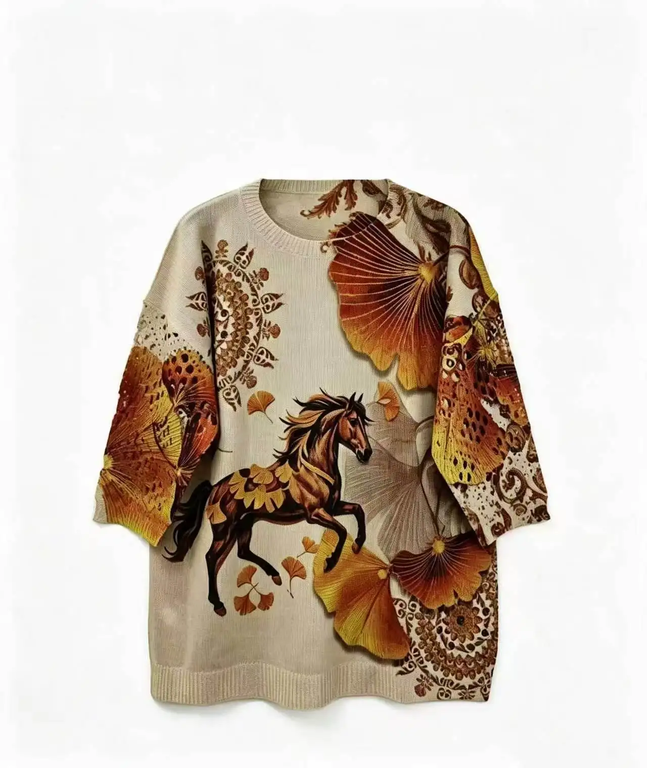 Fashion Printed Knit Women's Top—Perfect for Daily Commuting: Loose-Fit Crew-Neck Sweater with Openwork Three-Quarter Sleeves