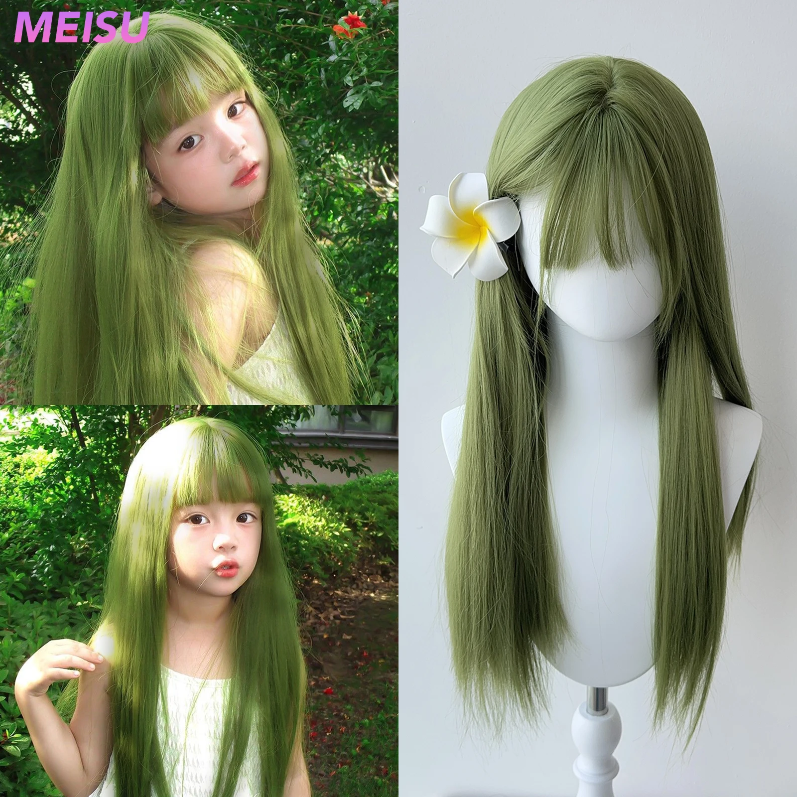 

MEISU 24-дюймовые синтетические прямые парики с воздушной челкой, зеленые, термостойкие, натуральные и гладкие, повседневная одежда для женщин