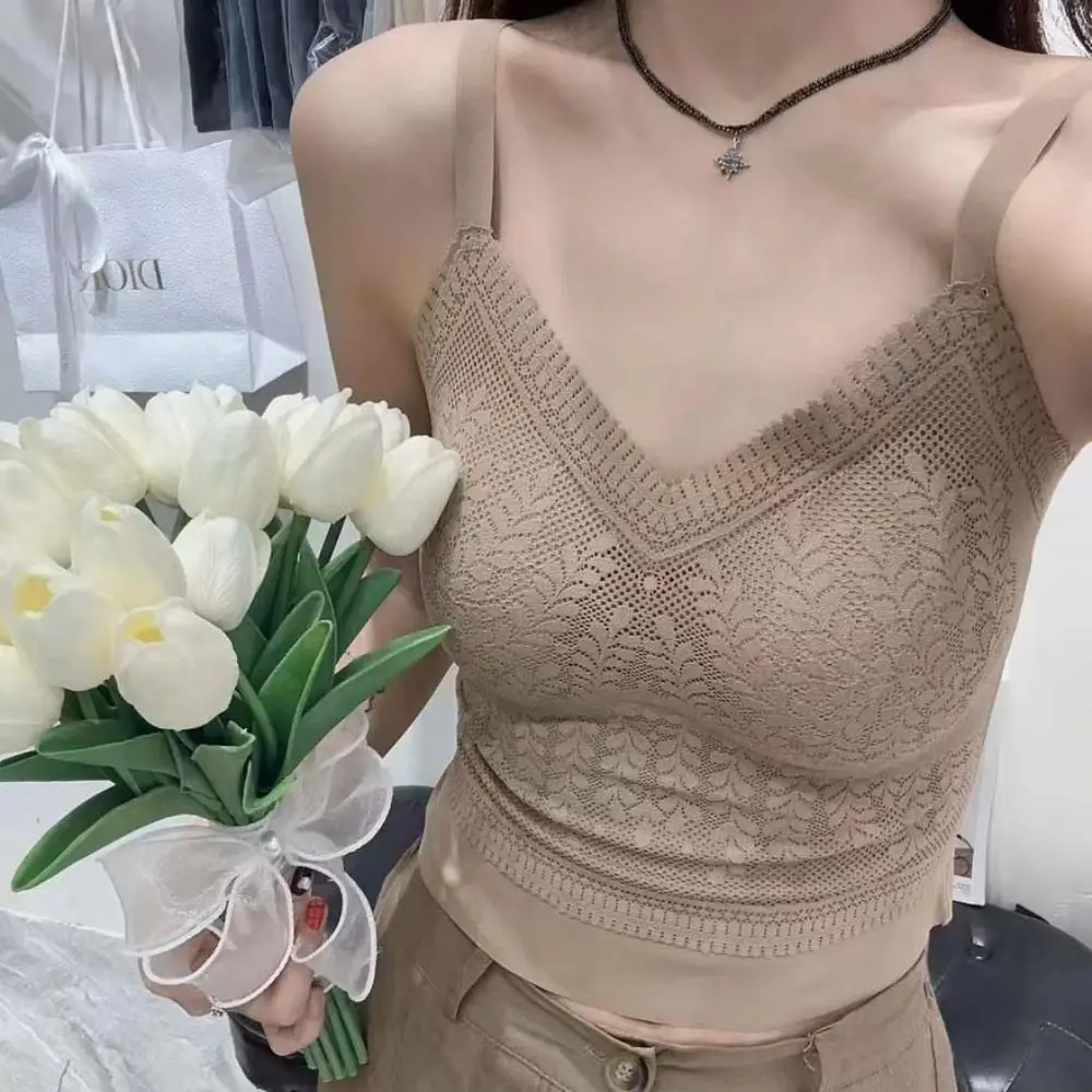 

Leaf Bra with Pads Lace Vest Top Solid Color Wrapped Chest Bra Summer V-neck Slim Camisole Spicy Girl Style Beauty Back