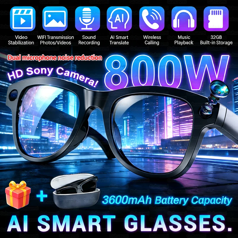 

Умные очки с ИИ, HD-камерой 800W, записью видео, двойным микрофоном с шумоподавлением, Wi-Fi, переводом, воспроизведением музыки 32 ГБ, изменением цвета линз