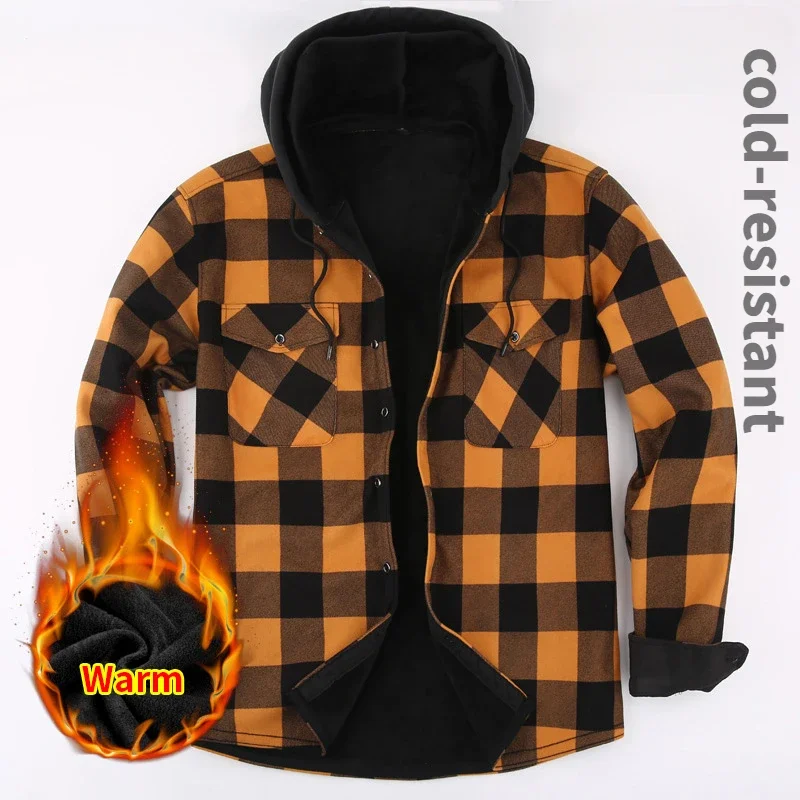 

2024 Autumn and Winter Filled Hooded and Plush Thick Plaid Casual Men's Jacket, Men's Long Sleeved Shirt, Retro Warm Shirt