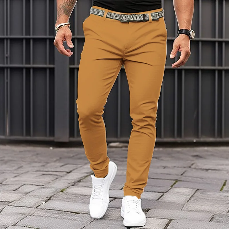 Pantaloni slim fit da uomo in tinta unita con tasche frontali e cerniere per abbigliamento casual da lavoro con pantaloni con fondo affusolato da uomo